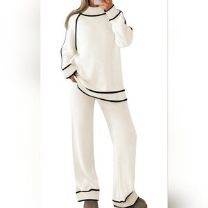 2 Piece Sweater Outfit Loungewear Set, Long Sleeve V Neck Wide Leg Pants  Small